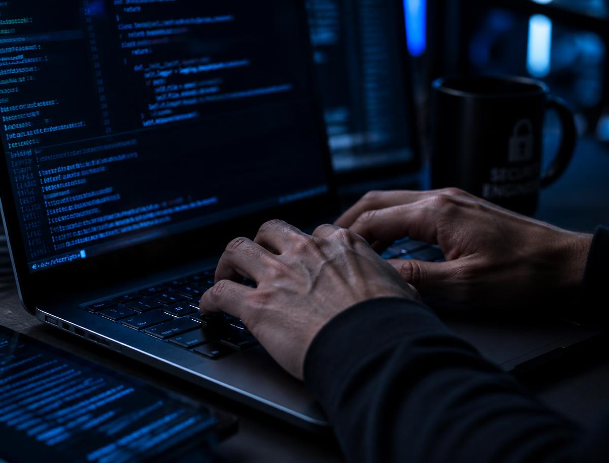 Security engineer typing on a laptop displaying code in a dark room