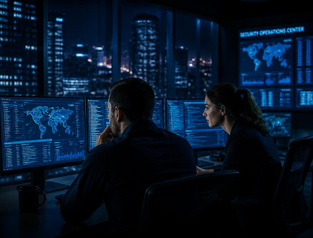Security analysts monitoring live threat telemetry in a dark operations center
